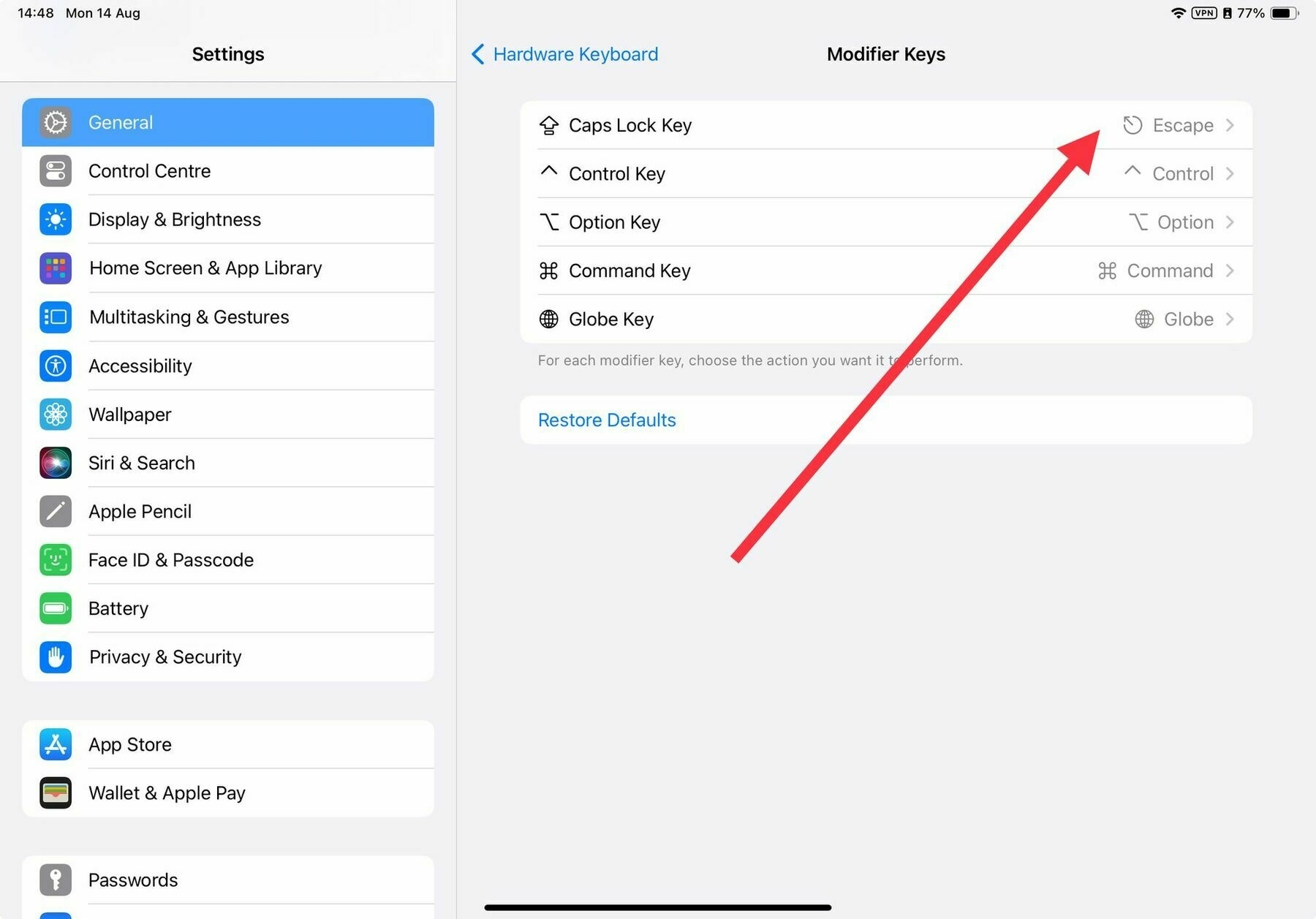 Mapping the Escape key to Caps Lock in iPadOS Settings